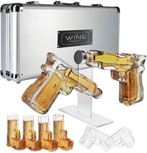 pistol whiskey gun decanter & pistol shot glasses set - comes with a large carrying case - drinking party accessories, pistol gun liquor decanter bottle great gift!