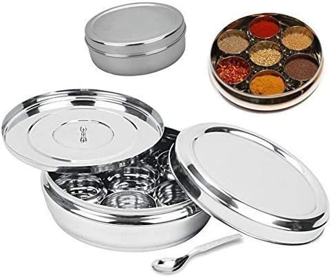 DBY Spice Box Stainless Steel Masala Box Spice Box Dabba Spice Container - 7 Containers Stainless Steel Spice Container Indian Spice Box Double Lid masala box Kitchen Spice Box Spice Box for Chefs