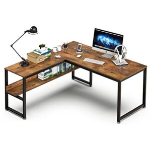 wiberwi l shaped desk, office computer corner desk, 55 inch home gaming desk table, writing study workstation with storage shelves for home office, space-saving, industrial, rustic brown