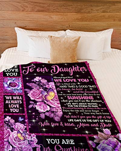 Ananas Pru Parent to Daughter Blanket, to Daughter from dad and mom You are Sunshine Violet Rose Butterfly White Fleece Blanket, Daughter Blanket, Daughter Present, idea, Family Love Blanket
