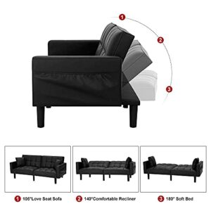 HOMHUM Modern Leather Convertible Futon Sofa Bed Folding Couch Recliner Adjustable Back with Arm Set for Living Room, Black