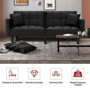 HOMHUM Modern Leather Convertible Futon Sofa Bed Folding Couch Recliner Adjustable Back with Arm Set for Living Room, Black