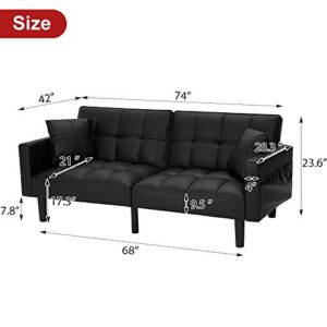 HOMHUM Modern Leather Convertible Futon Sofa Bed Folding Couch Recliner Adjustable Back with Arm Set for Living Room, Black