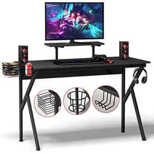 powerstone gaming computer desk - 52” gaming desk with video game storage, cup holder, monitor shelf, headphone hook, k-shaped computer desk writing workstation for home office