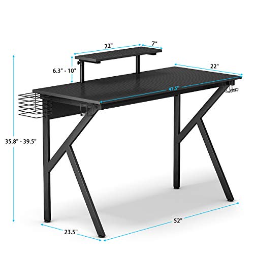 POWERSTONE Gaming Computer Desk - 52” Gaming Desk with Video Game Storage, Cup Holder, Monitor Shelf, Headphone Hook, K-Shaped Computer Desk Writing Workstation for Home Office