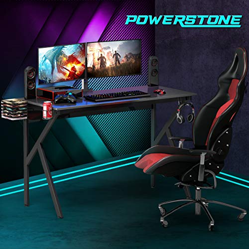 POWERSTONE Gaming Computer Desk - 52” Gaming Desk with Video Game Storage, Cup Holder, Monitor Shelf, Headphone Hook, K-Shaped Computer Desk Writing Workstation for Home Office