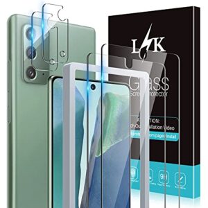4 pack lϟk 2 pack tempered glass screen protector + 2 pack camera lens protector compatible for samsung galaxy note 20, new version, ultrasonic fingerprint supported, installation tray - clear