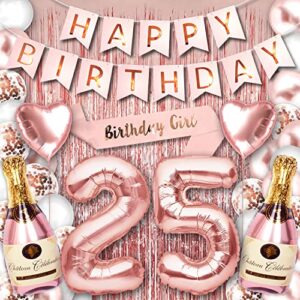25th birthday party decorations for her rose gold supplies big set with birthday banner and 25 bday digit balloons for women including latex and confetti balloons