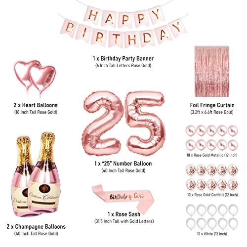 25th Birthday Party Decorations for Her Rose Gold Supplies Big Set with Birthday Banner and 25 BDay Digit Balloons for Women Including Latex and Confetti Balloons