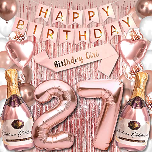 27th Birthday Party Decorations for Her Rose Gold Supplies Big Set with Birthday Banner and 27 BDay Digit Balloons for Women Including Latex and Confetti Balloons