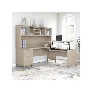 Bush Furniture Somerset 72W 3 Position Sit to Stand L Shaped Desk with Hutch in Sand Oak