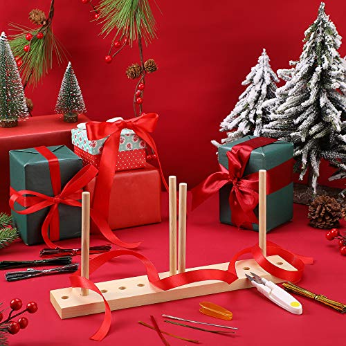 Bow Maker for Bow Ribbon Wreath Wooden Maker Tool with U-Shaped Scissor and Twist Ties for Making Bows DIY Crafts Christmas Party Decorations Hair Bows Corsages (Gold, Silver, Red, Green)