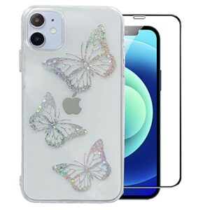 lusamye compatible with iphone 12 and iphone 12 pro case with screen protector,clear cute butterfly design soft tpu electroplated cover bling glitter cool slim trendy pattern for girl women phone case
