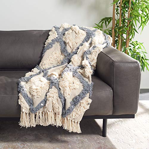 Safavieh Home Collection Lila Grace Boho Grey and Beige Fringe 50 x 60-inch Throw Blanket