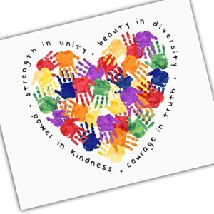 inclusivity and diversity art for kids - handprints heart - strength in unity beauty in diversity power in kindness rainbow colors classroom unframed poster 5x7" 8x10" 11x14" 16x20" 24x36"