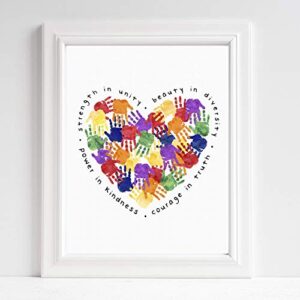 Inclusivity and Diversity Art for Kids - Handprints Heart - Strength in Unity Beauty in Diversity Power in Kindness Rainbow Colors Classroom UNFRAMED Poster 5x7" 8x10" 11x14" 16x20" 24x36"