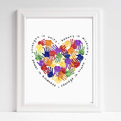 Inclusivity and Diversity Art for Kids - Handprints Heart - Strength in Unity Beauty in Diversity Power in Kindness Rainbow Colors Classroom UNFRAMED Poster 5x7" 8x10" 11x14" 16x20" 24x36"