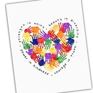 Inclusivity and Diversity Art for Kids - Handprints Heart - Strength in Unity Beauty in Diversity Power in Kindness Rainbow Colors Classroom UNFRAMED Poster 5x7" 8x10" 11x14" 16x20" 24x36"