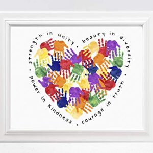 Inclusivity and Diversity Art for Kids - Handprints Heart - Strength in Unity Beauty in Diversity Power in Kindness Rainbow Colors Classroom UNFRAMED Poster 5x7" 8x10" 11x14" 16x20" 24x36"