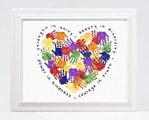 Inclusivity and Diversity Art for Kids - Handprints Heart - Strength in Unity Beauty in Diversity Power in Kindness Rainbow Colors Classroom UNFRAMED Poster 5x7" 8x10" 11x14" 16x20" 24x36"
