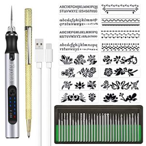 rechargeable cordless electric micro engraver pen mini diy engraving tool kit for metal glass ceramic plastic wood jewelry with 30 bits and 16 stencils and 1 scriber pen (silver)