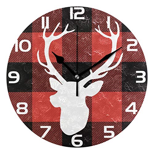 Oreayn Buffalo Check Plaid Christmas Deer Wall Clock for Home Office Bedroom Living Room Decor Non Ticking