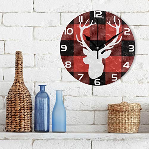 Oreayn Buffalo Check Plaid Christmas Deer Wall Clock for Home Office Bedroom Living Room Decor Non Ticking