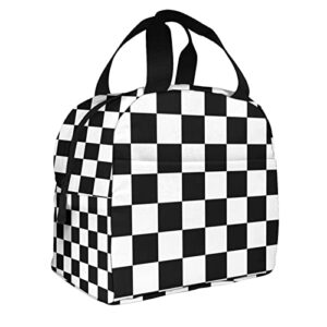 black white race checkered flag portable insulated lunch tote bag reusable lunch box for men, women and kids
