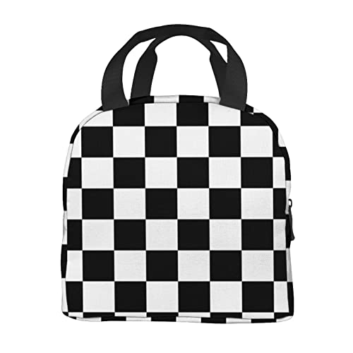 Black White Race Checkered Flag Portable Insulated Lunch Tote Bag Reusable Lunch Box For Men, Women And Kids