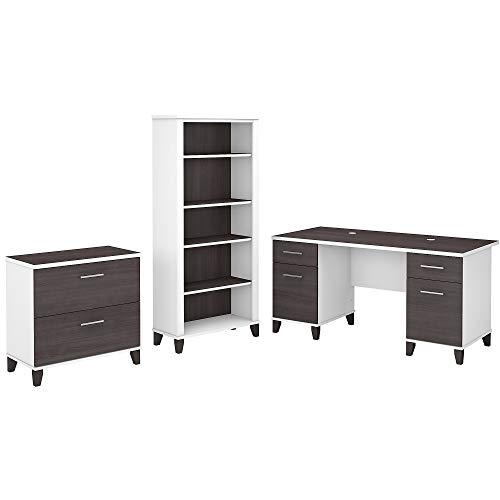 Bush Furniture Somerset Office Desk with Lateral File Cabinet and 5 Shelf Bookcase, 60W, White and Storm