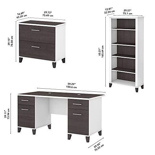 Bush Furniture Somerset Office Desk with Lateral File Cabinet and 5 Shelf Bookcase, 60W, White and Storm