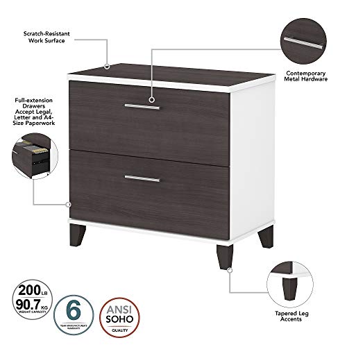 Bush Furniture Somerset Office Desk with Lateral File Cabinet and 5 Shelf Bookcase, 60W, White and Storm