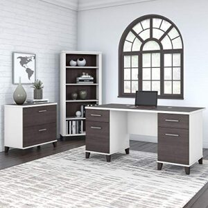 Bush Furniture Somerset Office Desk with Lateral File Cabinet and 5 Shelf Bookcase, 60W, White and Storm