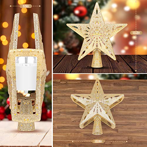 VSATEN Christmas Tree Topper Lighted Star Tree Topper with LED Rotating Colorful Snowflake Projector Lights, Glitter Hollow Golden Star Snow Tree Topper for Xmas/Christmas Tree Festival Decorations