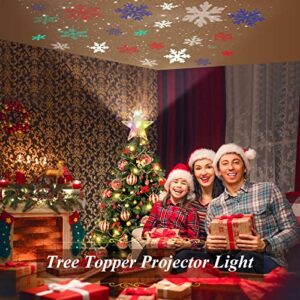 VSATEN Christmas Tree Topper Lighted Star Tree Topper with LED Rotating Colorful Snowflake Projector Lights, Glitter Hollow Golden Star Snow Tree Topper for Xmas/Christmas Tree Festival Decorations