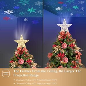VSATEN Christmas Tree Topper Lighted Star Tree Topper with LED Rotating Colorful Snowflake Projector Lights, Glitter Hollow Golden Star Snow Tree Topper for Xmas/Christmas Tree Festival Decorations