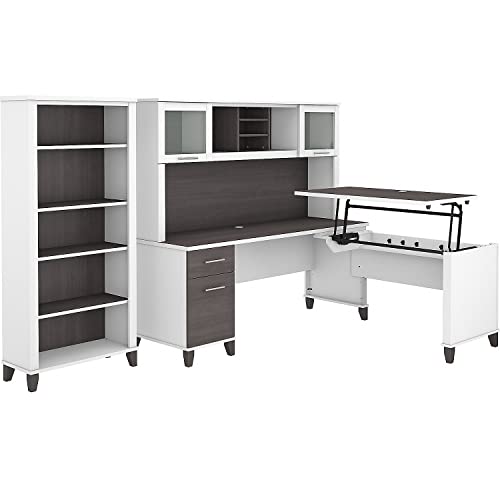 Bush Furniture Somerset 72W 3 Position Sit to Stand L Shaped Desk with Hutch and Bookcase in White and Storm Gray