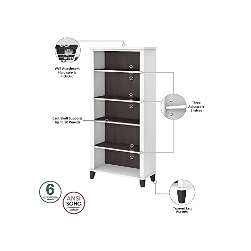 Bush Furniture Somerset 72W 3 Position Sit to Stand L Shaped Desk with Hutch and Bookcase in White and Storm Gray