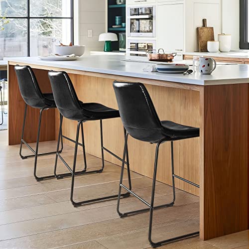 LEMBERI 26 inch Bar Stools Set of 2, Modern Counter Height Bar Stools, Faux Leather Barstool with Back and Metal Leg, Armless Dining Chairs for Kitchen Island Pub Living Room (26, Black)