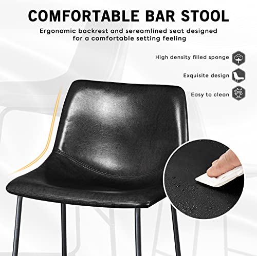 LEMBERI 26 inch Bar Stools Set of 2, Modern Counter Height Bar Stools, Faux Leather Barstool with Back and Metal Leg, Armless Dining Chairs for Kitchen Island Pub Living Room (26, Black)