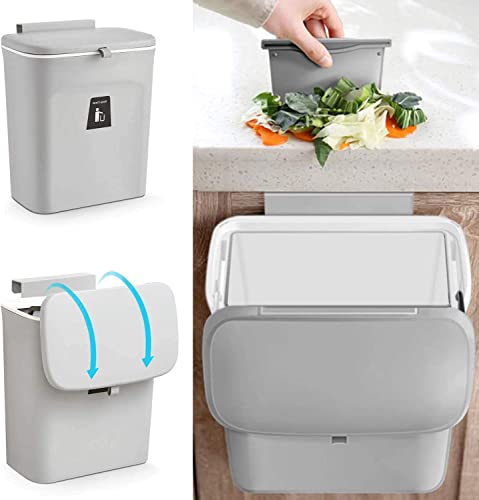 PILITO Kitchen Cabinet Door Hanging Trash Can with Lid, 2.4 Gal, Small Under Sink Garbage Can for Restroom, Bathroom, RV Kitchen Trash Bin, Wall Mounted Counter Waste Compost Bin, Plastic (Grey)