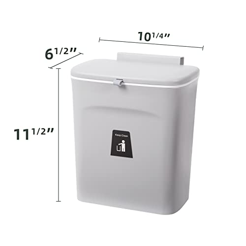 PILITO Kitchen Cabinet Door Hanging Trash Can with Lid, 2.4 Gal, Small Under Sink Garbage Can for Restroom, Bathroom, RV Kitchen Trash Bin, Wall Mounted Counter Waste Compost Bin, Plastic (Grey)