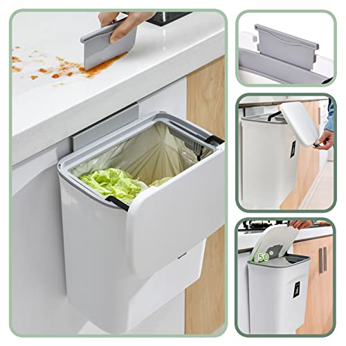 PILITO Kitchen Cabinet Door Hanging Trash Can with Lid, 2.4 Gal, Small Under Sink Garbage Can for Restroom, Bathroom, RV Kitchen Trash Bin, Wall Mounted Counter Waste Compost Bin, Plastic (Grey)