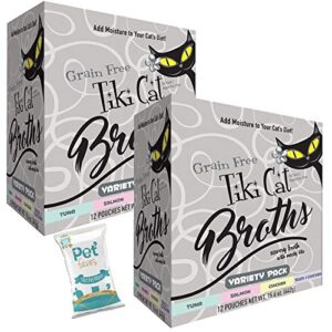 (2 Boxes) Tiki Cat Savory Broth, Grain Free Lickable Wet Food Treat, Add Moisture & Boost Flavor, 24 Pouches with 10ct pet Wipes