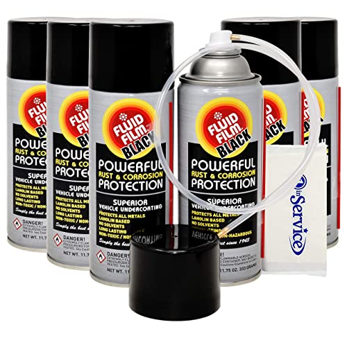 Fluid Film 11.75 Oz Undercoating Protection Aerosol Spray Can Black 6 Pack, Rust Inhibitor and Prevention, Anti Corrosion Multi Purpose Penetrant and Lubricant, Spray Can Extension Wand and Tissue Pack