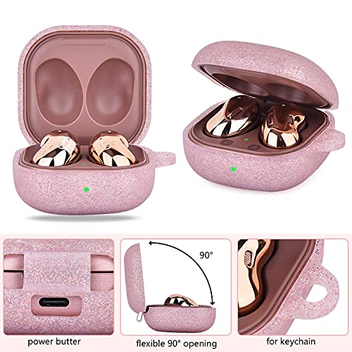 MOFREE Silicone Case Designed for Samsung Galaxy Buds 2/Buds Pro/Buds Live/Buds 2 Pro, Soft Carrying Protective Case Cover with Cute Bling Elephant Keychain for Women Girls (Glittery Rose Gold)