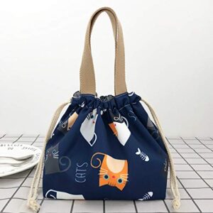 Enyuwlcm Mini Lunch Tote Pouch Reusable Small Cute Lunch Bag with Drawstring Suitable for Girls Women Cat Blue