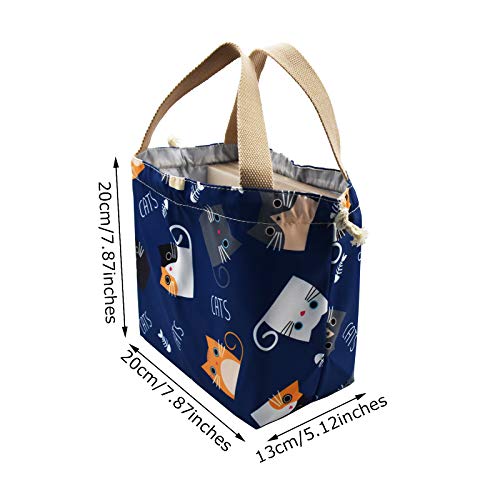 Enyuwlcm Mini Lunch Tote Pouch Reusable Small Cute Lunch Bag with Drawstring Suitable for Girls Women Cat Blue