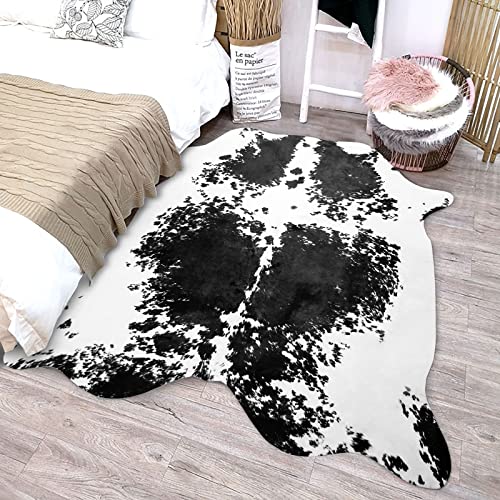 Terrug Cow Print Rug Black 4.6X 5.2 Feet Faux Cow Hide Rug Animal Printed Area Rug Carpet for Home
