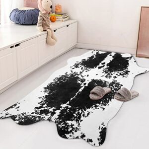 Terrug Cow Print Rug Black 4.6X 5.2 Feet Faux Cow Hide Rug Animal Printed Area Rug Carpet for Home